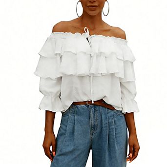 Women's Off-Shoulder Ruffle Blouse, Double-Layered Flounce 3/4 Bell Sleeve Tie Front Summer Top