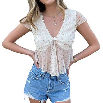 Women's V Neck Short Sleeve Sheer Floral Print Blouse Tops with Twist Front and Ruffle Hem