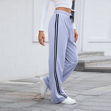 Women's Drawstring Wide-Leg Casual Comfy Workout Pants with Side Stripes