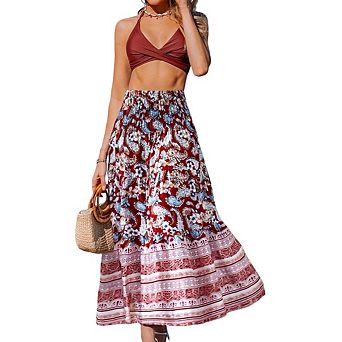 Women Maxi Skirts Boho Long Skirt Trendy Floral High Waist A Line Beach Skirt Vacation Outfit