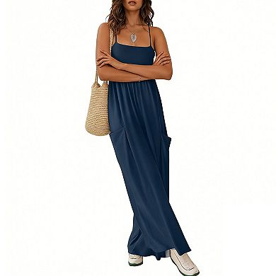 Women's Spaghetti Strap Wide Leg Jumpsuit, Square Neck Smocked Waist Casual Romper with Pockets