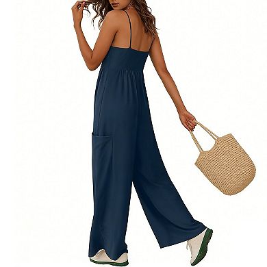 Women's Spaghetti Strap Wide Leg Jumpsuit, Square Neck Smocked Waist Casual Romper with Pockets