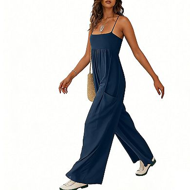 Women's Spaghetti Strap Wide Leg Jumpsuit, Square Neck Smocked Waist Casual Romper with Pockets
