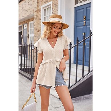 Womens Button Down Blouses Casual Dressy V Neck Peplum Summer Tops Chiffon Work Summer Blouse