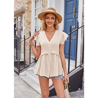 Womens Button Down Blouses Casual Dressy V Neck Peplum Summer Tops Chiffon Work Summer Blouse