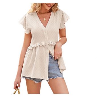 Womens Button Down Blouses Casual Dressy V Neck Peplum Summer Tops Chiffon Work Summer Blouse