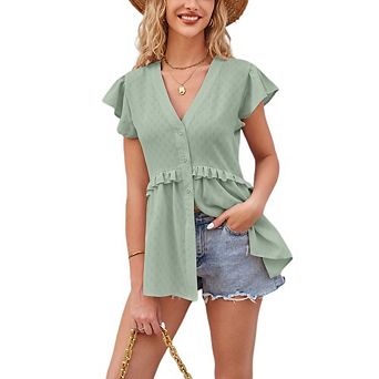 Womens Button Down Blouses Casual Dressy V Neck Peplum Summer Tops Chiffon Work Summer Blouse