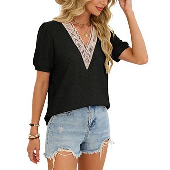 Womens Casual Boho Blouse Lace V Neck Puff Short Sleeve Eyelet Embroidery Loose Fit Summer Tops