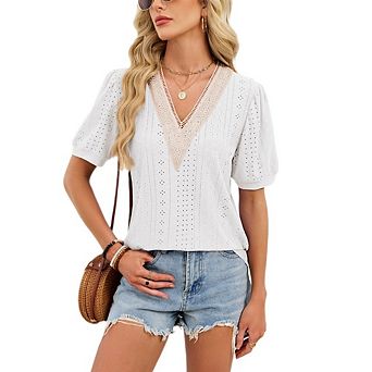 Womens Casual Boho Blouse Lace V Neck Puff Short Sleeve Eyelet Embroidery Loose Fit Summer Tops