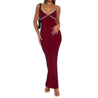 Women Lace Trim Maxi Slip Dress Sleeveless V-Neck Bodycon Long Dress