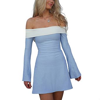 Women Off-the-Shoulder Mini Dress Color Block Bell Sleeve Bodycon Flare Dress