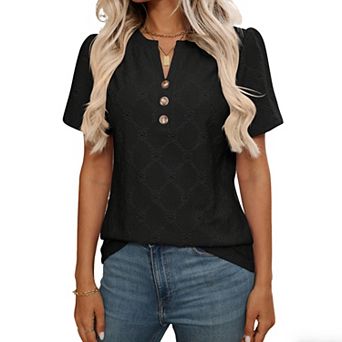 Women's Short Sleeve Eyelet Hollow Out Shirt Floral Crew Neck Top Button Front Summer Casual Blouse