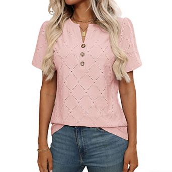 Women's Short Sleeve Eyelet Hollow Out Shirt Floral Crew Neck Top Button Front Summer Casual Blouse