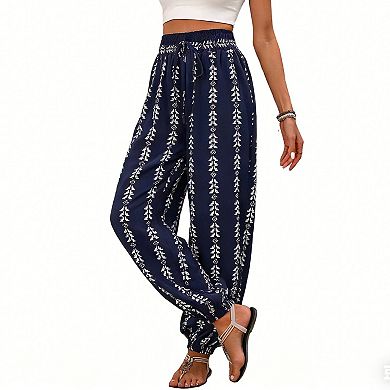 Women's Boho Print Harem Pants High Waisted Elastic Drawstring Loose Fit Trousers with Pockets