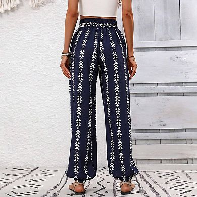 Women's Boho Print Harem Pants High Waisted Elastic Drawstring Loose Fit Trousers with Pockets