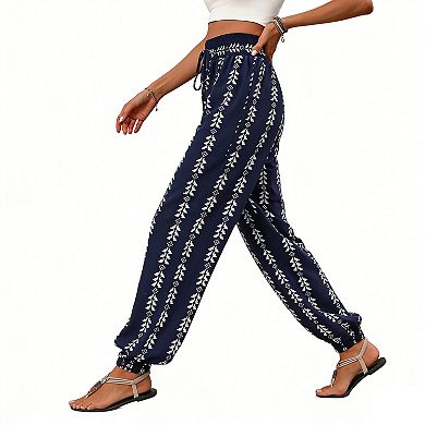Women's Boho Print Harem Pants High Waisted Elastic Drawstring Loose Fit Trousers with Pockets