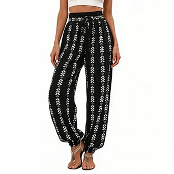 Women's Boho Print Harem Pants High Waisted Elastic Drawstring Loose Fit Trousers with Pockets