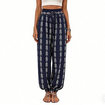 Women's Boho Print Harem Pants High Waisted Elastic Drawstring Loose Fit Trousers with Pockets
