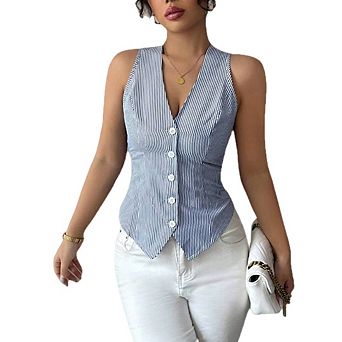 Women's Striped Sleeveless Halter Tops Button Down Open Tank Tops