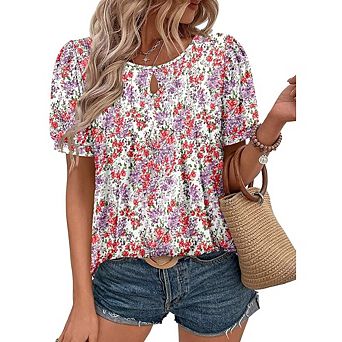 Women Floral Print Puff Sleeve Blouse Casual Keyhole Neck Summer Top