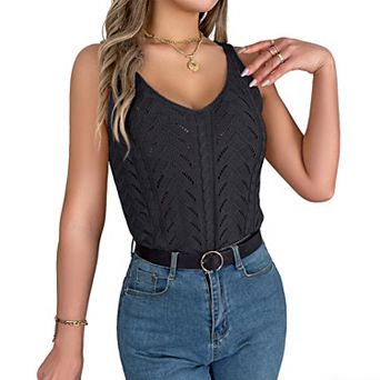 Women's Hollow Out Knit Shirt Sleeveless Tank Top V Neck Openwork Summer Casual Vacation Vest Blouse