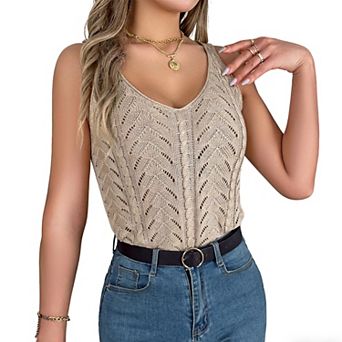 Women's Hollow Out Knit Shirt Sleeveless Tank Top V Neck Openwork Summer Casual Vacation Vest Blouse