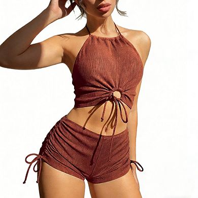 Women's Halter Neck Ribbed Texture Tie Front Topa Adjustable Side Ties Shorts Bikini Set
