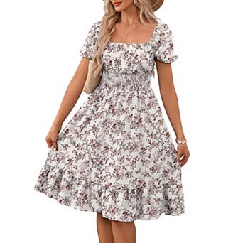 Women's Summer Square Neck Midi Dress Puff Sleeve Off Shoulder Sundress Casual A Line Dresses