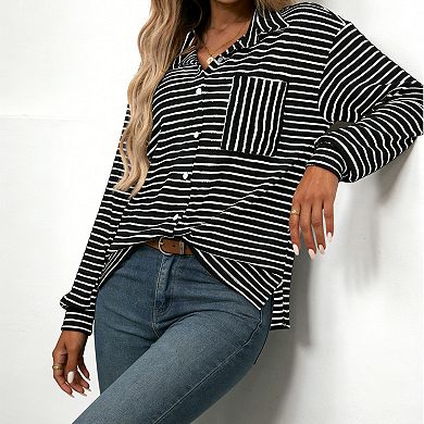 Women's Striped Button Down Shirt, Long Sleeve Ribbed Knit Casual Top Blouse with Contrast Pocket