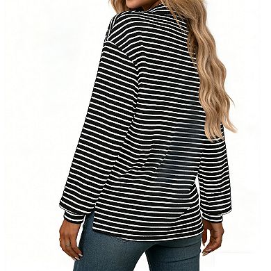 Women's Striped Button Down Shirt, Long Sleeve Ribbed Knit Casual Top Blouse with Contrast Pocket
