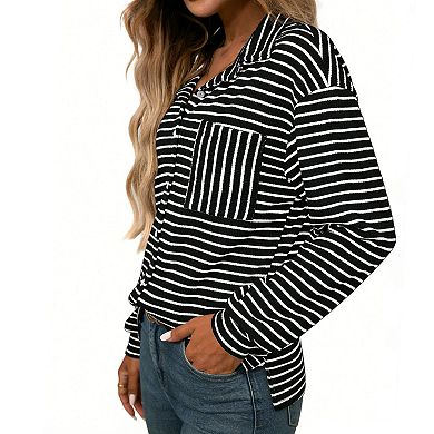 Women's Striped Button Down Shirt, Long Sleeve Ribbed Knit Casual Top Blouse with Contrast Pocket