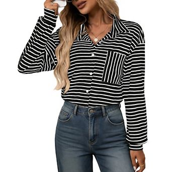 Women's Striped Button Down Shirt, Long Sleeve Ribbed Knit Casual Top Blouse with Contrast Pocket