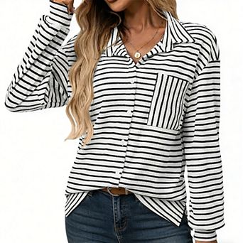 Women's Striped Button Down Shirt, Long Sleeve Ribbed Knit Casual Top Blouse with Contrast Pocket