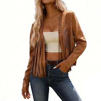 Women's Faux Suede Fringe Jacket, Western Style Cropped Open-Front Coat with Stud Details