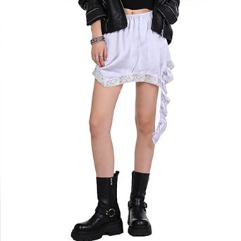 Women's Satin Asymmetrical Mini Skirt, Lace Trim Tie Detail Elastic Waist Gothic Skirt