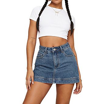 Women's High Waist Denim Classic Pocket Design Raw Hem Mini Skirt