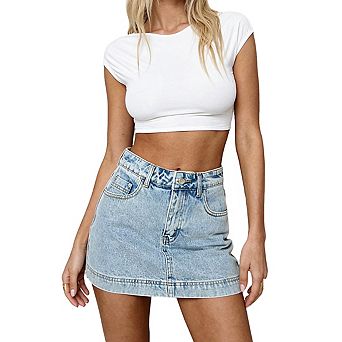 Women's High Waist Denim Classic Pocket Design Raw Hem Mini Skirt