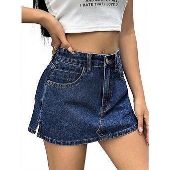 Women's Casual Denim Skort High Waist Side Split Hem Slim Fit Jean Y2K Skort Shorts with Pocket