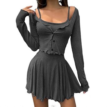 Women's Two Piece Set Off Shoulder Crop Top and Ruffle Hem Cami Dress Casual Versatile