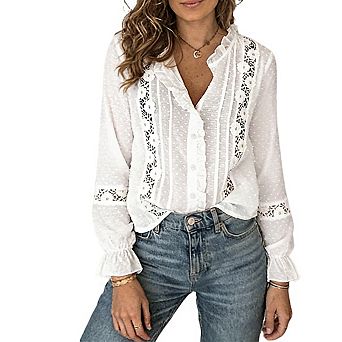 omen's V Neck Ruffle Trim Lace Applique Swiss Dot Long Sleeve Ruffle Cuffs Blouse Tops