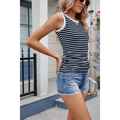 Women's Sleeveless Top Striped Ribbed Crew Neck Contrast Trim Tank Top