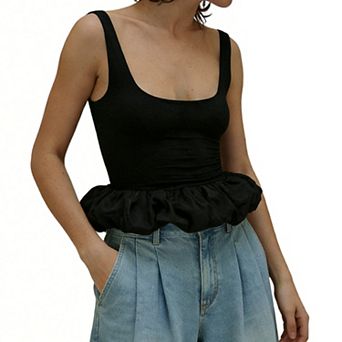 Women's Square Neck Ruffle Crop Tank Top, Slim-Fit Sleeveless Summer Peplum Top