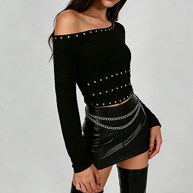 Women's Studded Off-Shoulder Crop Top, Slim-Fit Long Sleeve Punk Style Blouse