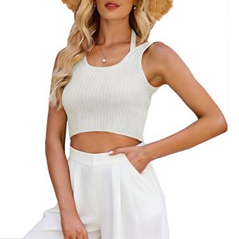 Women's Halter Double Strap Ribbed Crop Tank Top, Slim-Fit Square Neck Summer Sleeveless Top