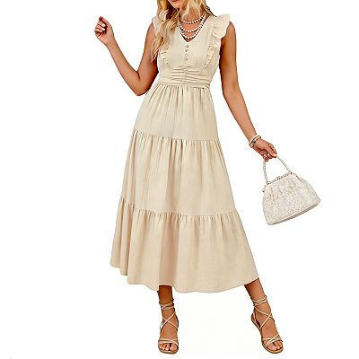 sleeveless smocked ruffle midi dress Sleeveless Smocked-Waist Ruffled Midi Dress