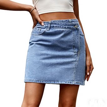 Women's Wash Asymmetrical Waist Denim Summer Mini Skirt Casual Half Slim Trendy Short Skirt Pocket