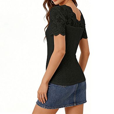 Women's Lace Trim V-Neck Blouse, Eyelet Knit Short Sleeve Romantic Summer Top