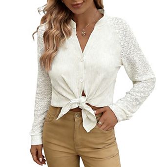 Women's Lace Raglan Sleeve Button Down Blouse, V-Neck Ribbed Knit Top, Casual Long Sleeve Shirt