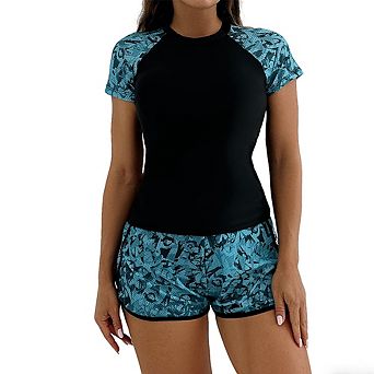 Women's Two Piece Swimwear Short Sleeve Printed Rash Guard Casual Set