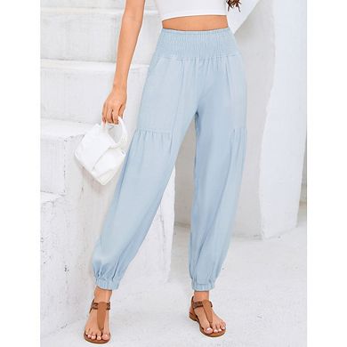 Women's Smocked High Waisted Elastic Wide Leg Loose Harem Pants with Pockets